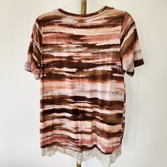 LOGO Lori Goldstein Short Sleeve Lace Hem Tunic Top Womens Size Medium Brown - Picture 7 of 7
